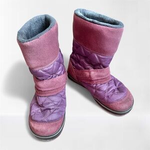 SOREL Glacy Puffy Faux Fur Waterproof Boots Sz 8.5 Plum Suede Harness